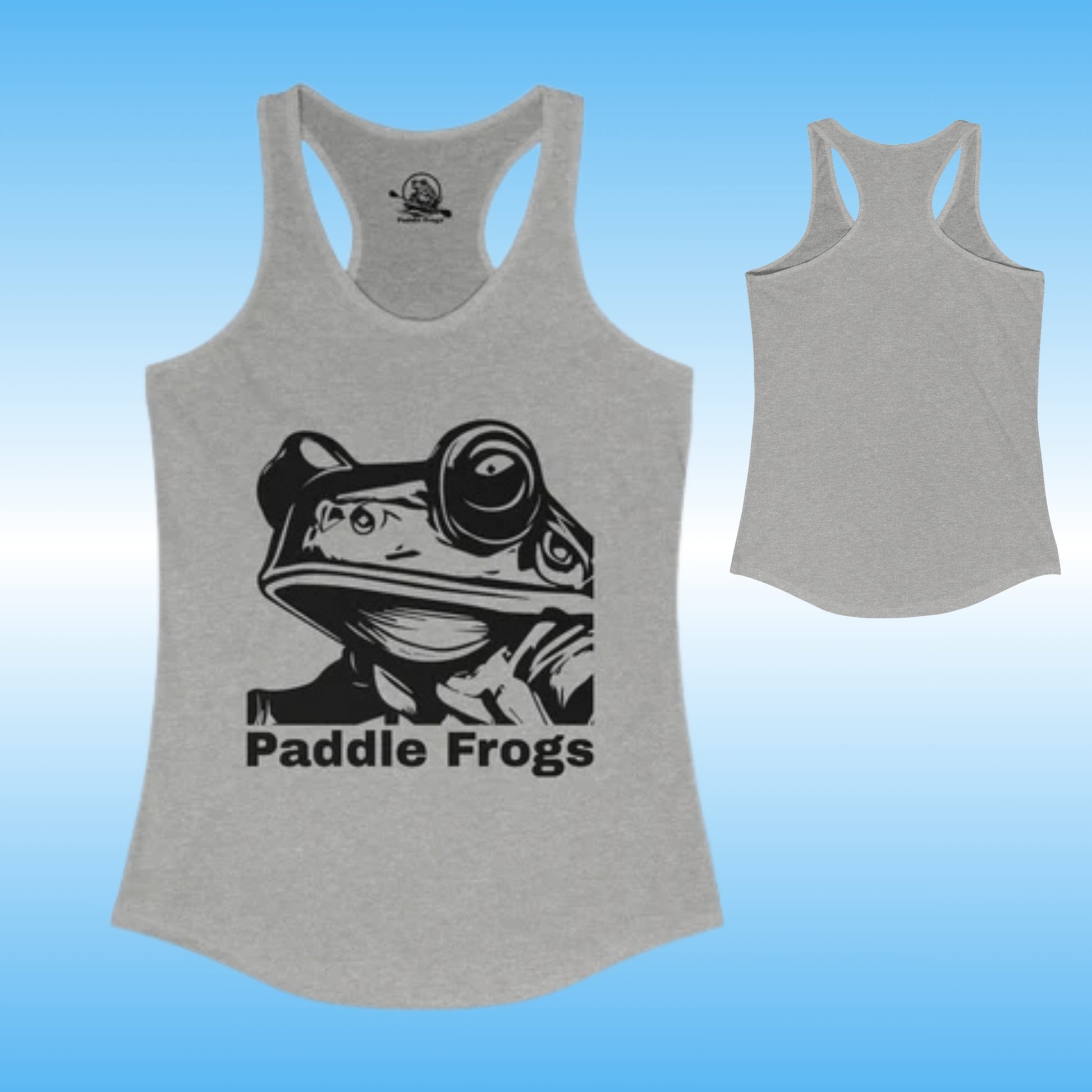Frog Face ladies heather grey tank top by Paddle Frogs (front and backside) | Gray tank top with 'Paddle Frogs' design on a blue gradient background