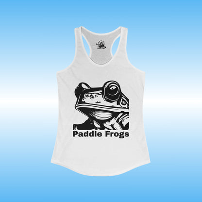 Frog Face ladies solid white tank top by Paddle Frogs | White tank top with a graphic of a frog wearing binoculars and the text 'Paddle Frogs' on a blue background.