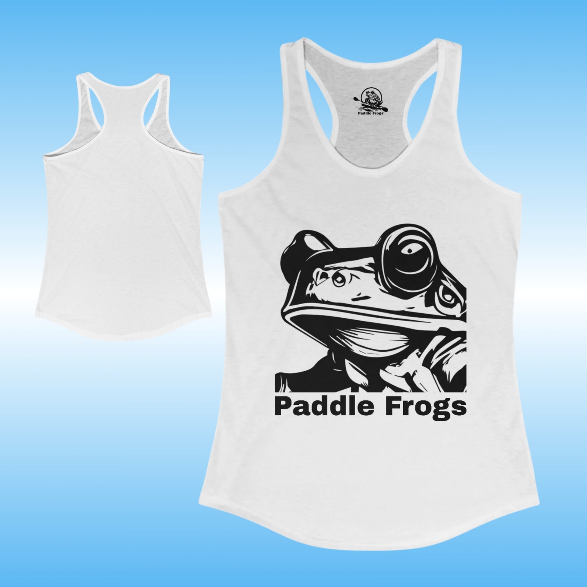 Frog Face ladies solid white tank top by Paddle Frogs (front and backside) | White tank top with frog graphic and 'Paddle Frogs' text on a blue background
