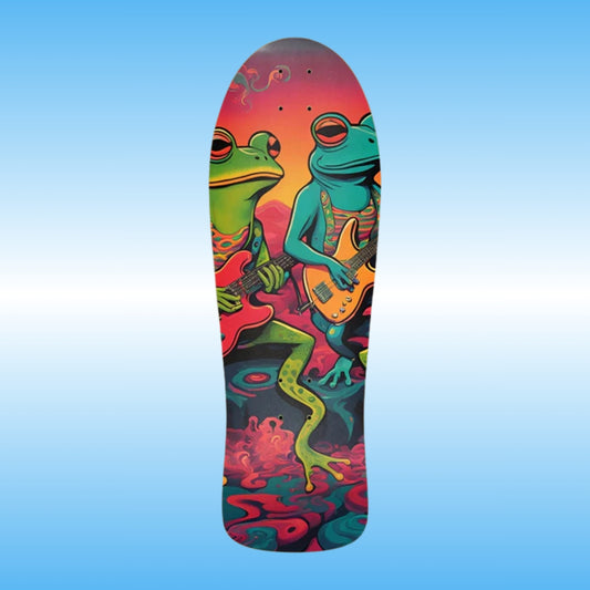 Frog Jam | 2 frogs rock electric guitars | classic retro old school skateboard deck by Paddle Frogs Outdoor Gear | Colorful skateboard deck with frog design playing a guitar on a blue gradient background