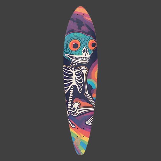 Frog Thoughts Pintail Longboard by Paddle Frogs. This captivating deck features a mesmerizing design that depicts a human lost in a dream