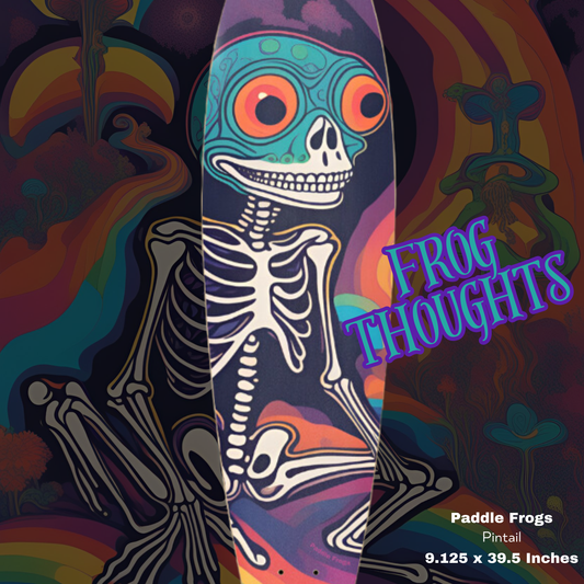 Frog Thoughts Pintail Longboard by Paddle Frogs. This captivating deck features a mesmerizing design that depicts a human lost in a dream, yearning to become a Paddle Frog