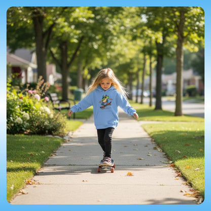 Froghopper Skate Hoodie | Paddle Frogs™ Kids Carolina blue child skateboarding on a sidewalk