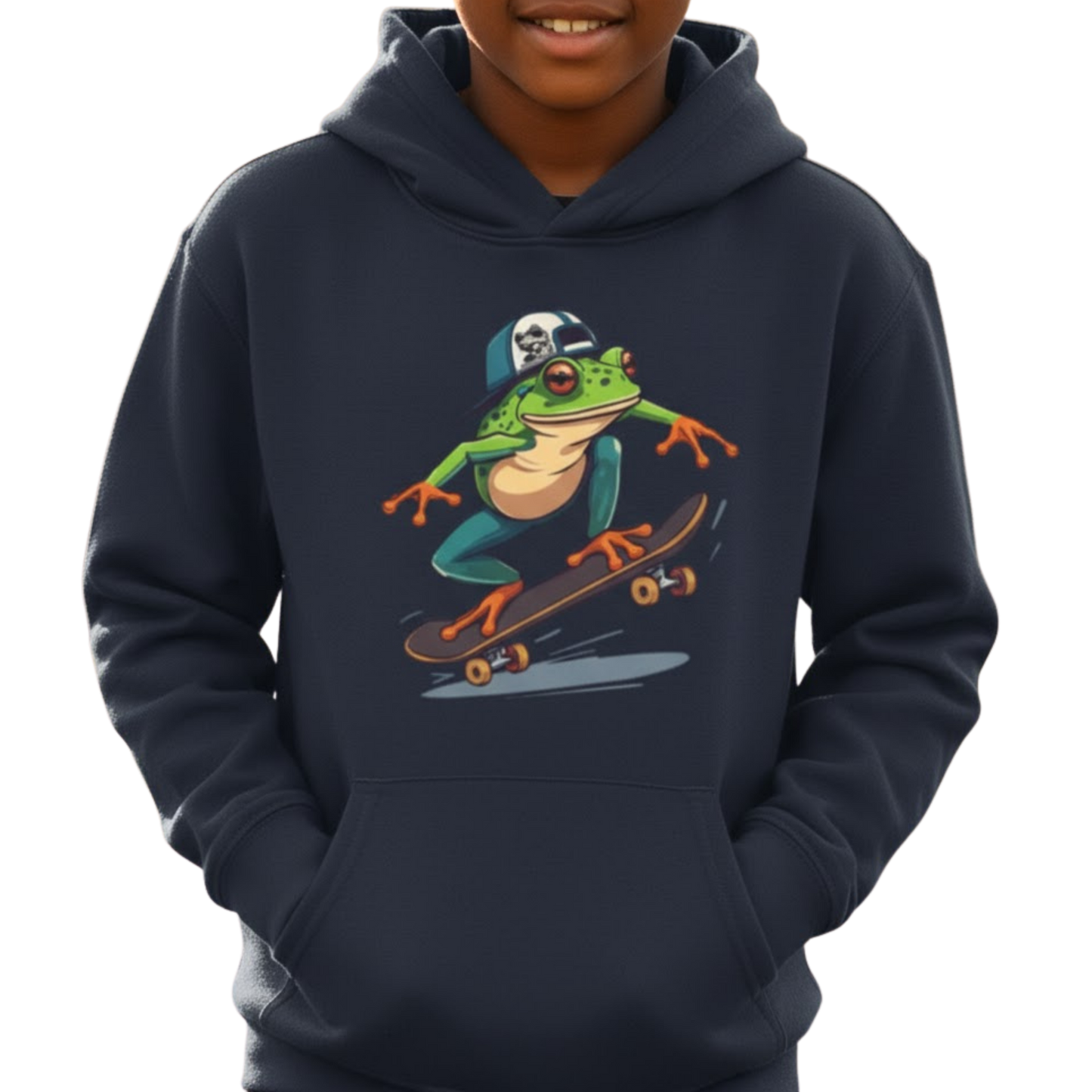 Navy hoodie with a frog on a skateboard graphic worn by a person