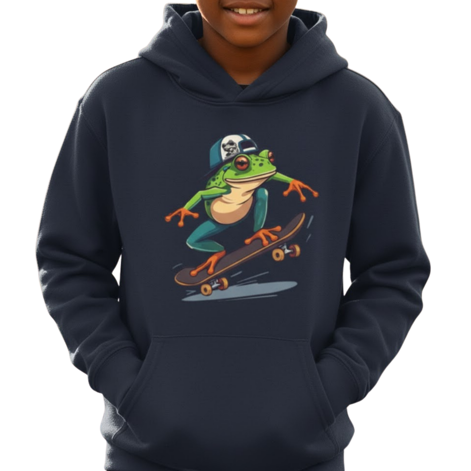 Navy hoodie with a frog on a skateboard graphic worn by a person