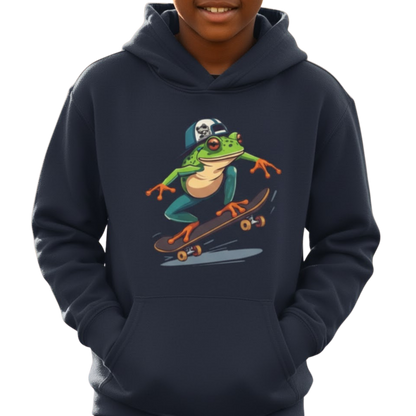 Navy hoodie with a frog on a skateboard graphic worn by a person