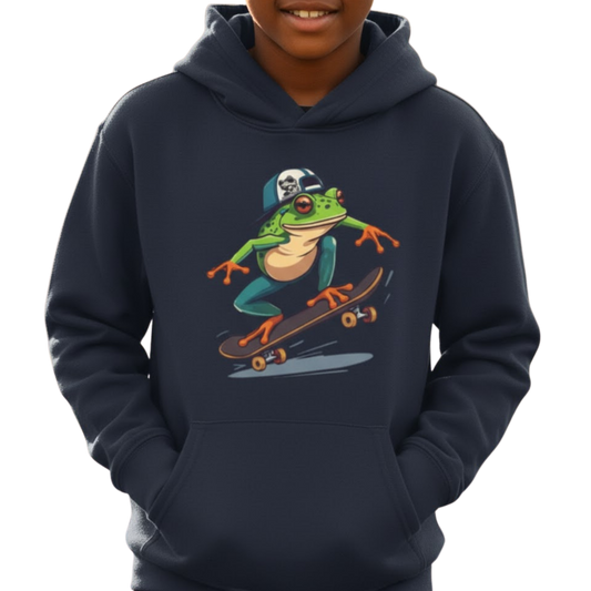 Navy hoodie with a frog on a skateboard graphic worn by a person