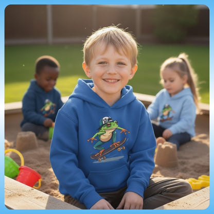 Child wearing a blue hoodie with a frog graphic in a playground setting