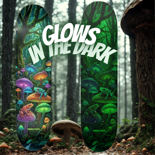 Two glowing mushroom-themed skateboards in a forest setting with 'Glow in the Dark' text.