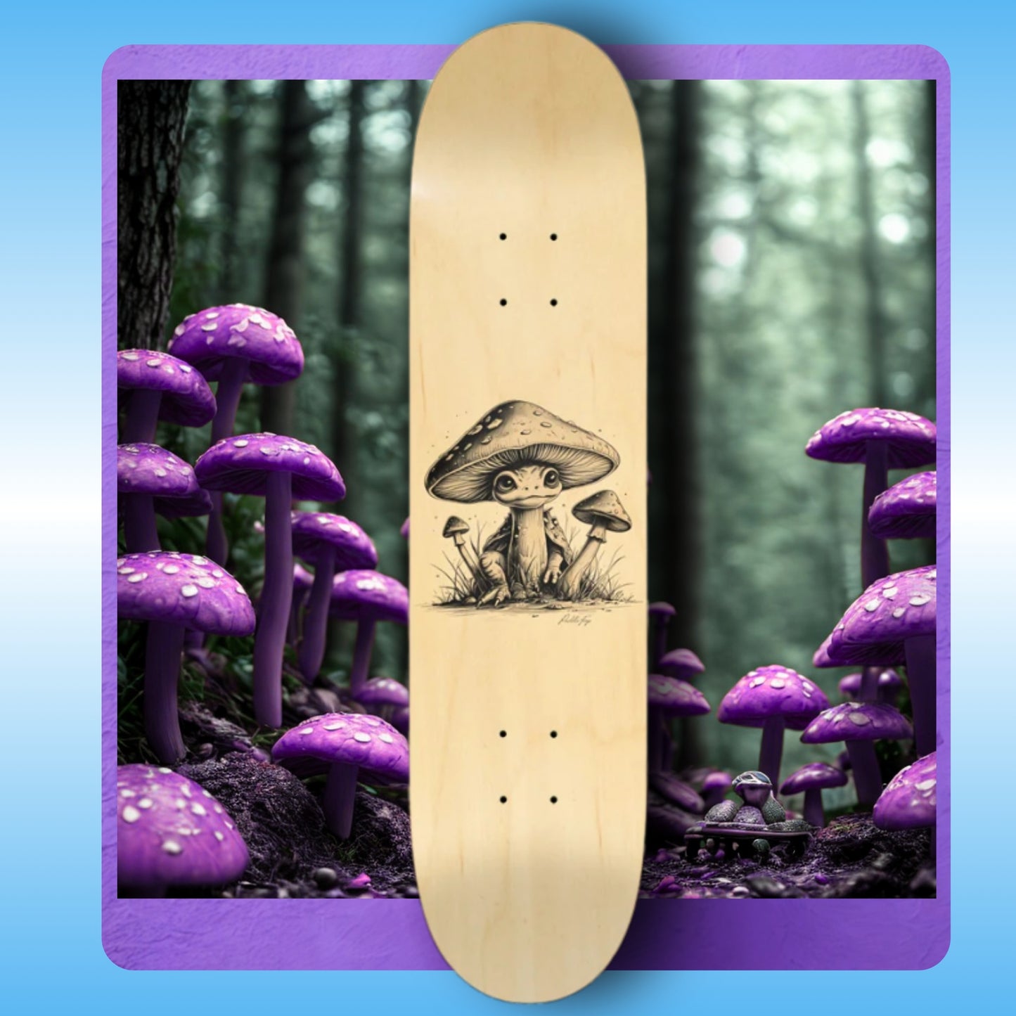 Fungurtle Skateboard Deck by Paddle Frogs with purple mushroom background 
