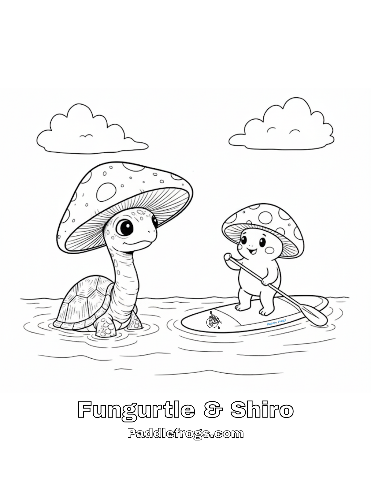 Fungurtle and Shiro riding a paddleboard. A kids coloring sheet by Paddle Frogs