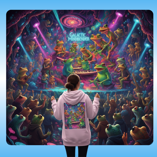 Galactic Mindbender Concert with light pink hooded jacket with colorful design of frogs and a person wearing a hoodie with a similar design, featuring the text 'Galactic Mindbender'.
