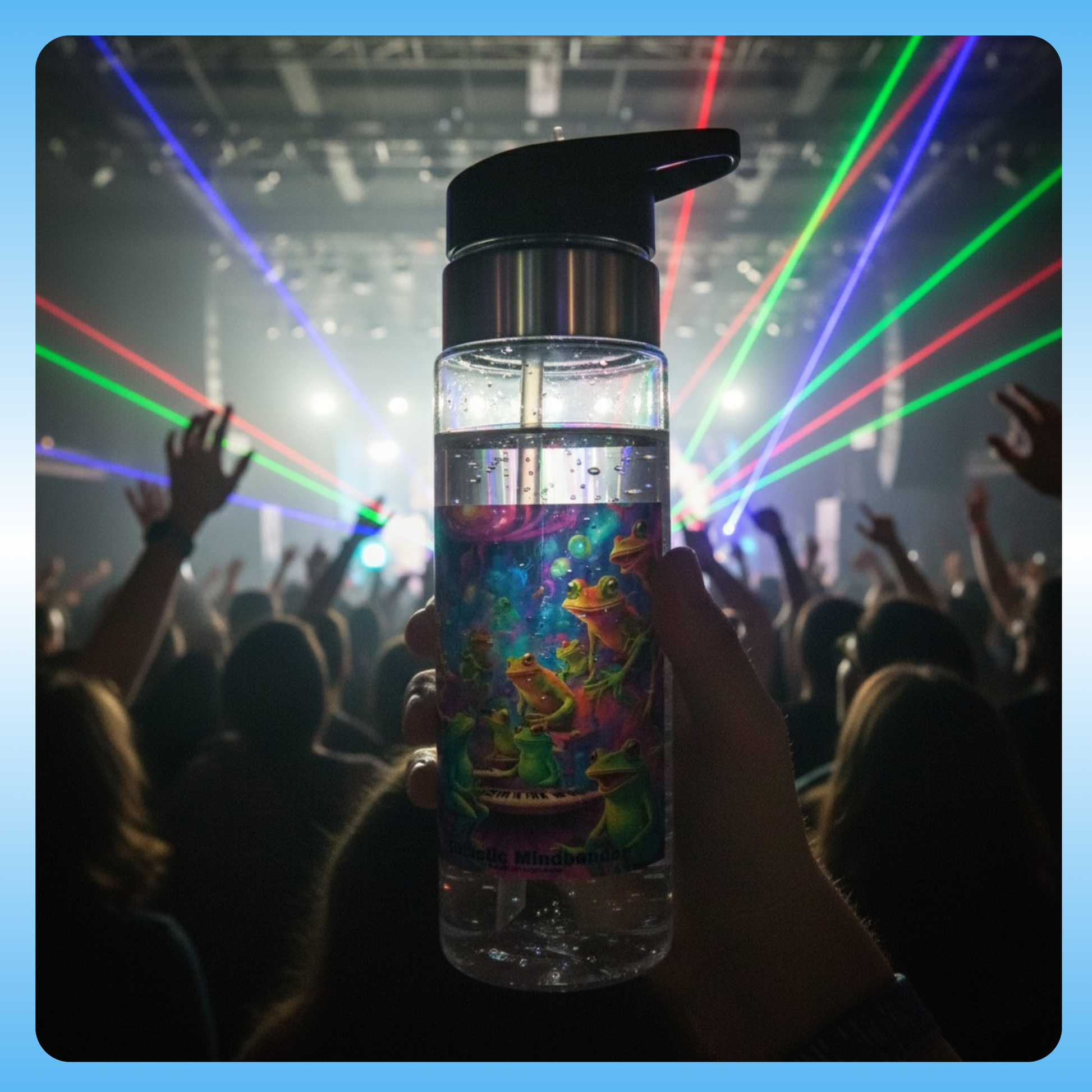 Galactic Mindbender | 20oz Clear Water Bottle | Paddle Frogs Hand holding a colorful water bottle with a concert crowd in the background