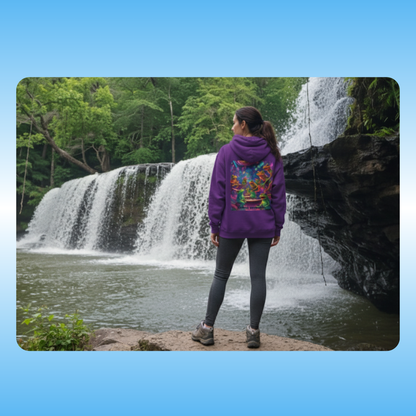 Galactic Mindbender Hoodie Person wearing a purple hoodie with a colorful design, standing in front of a waterfall.
