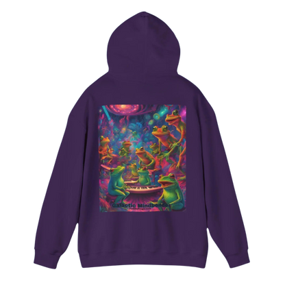 Galactic Mindbender Hoodie Purple with a colorful graphic of frogs on the back on a white background