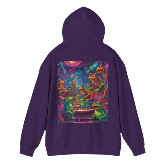 Galactic Mindbender Hoodie Purple with a colorful graphic of frogs on the back on a white background