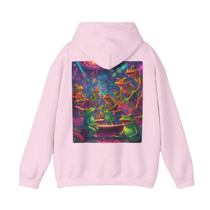 Galactic Mindbender light Pink hoodie with a colorful graphic of frogs on the back on a white background