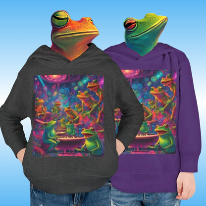 Galactic Mindbender Kids Youth Toddler Tee T-Shirt | Two hoodies with colorful frog designs on a blue background