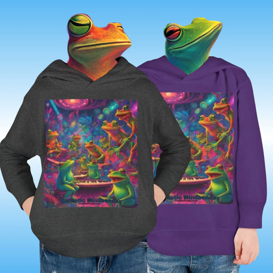 Galactic Mindbender Kids Youth Toddler Tee T-Shirt | Two hoodies with colorful frog designs on a blue background