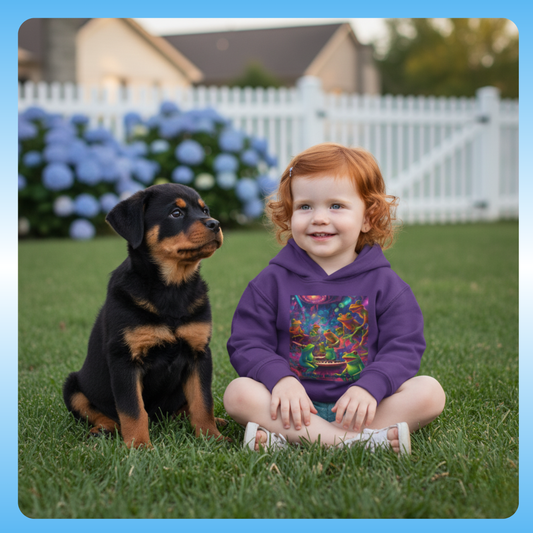 Galactic Mindbender | Paddle Frogs Kids Toddler Hoodie in Vintage Purple with  girl | Child in a purple hoodie sitting on grass with a puppy rottweiler