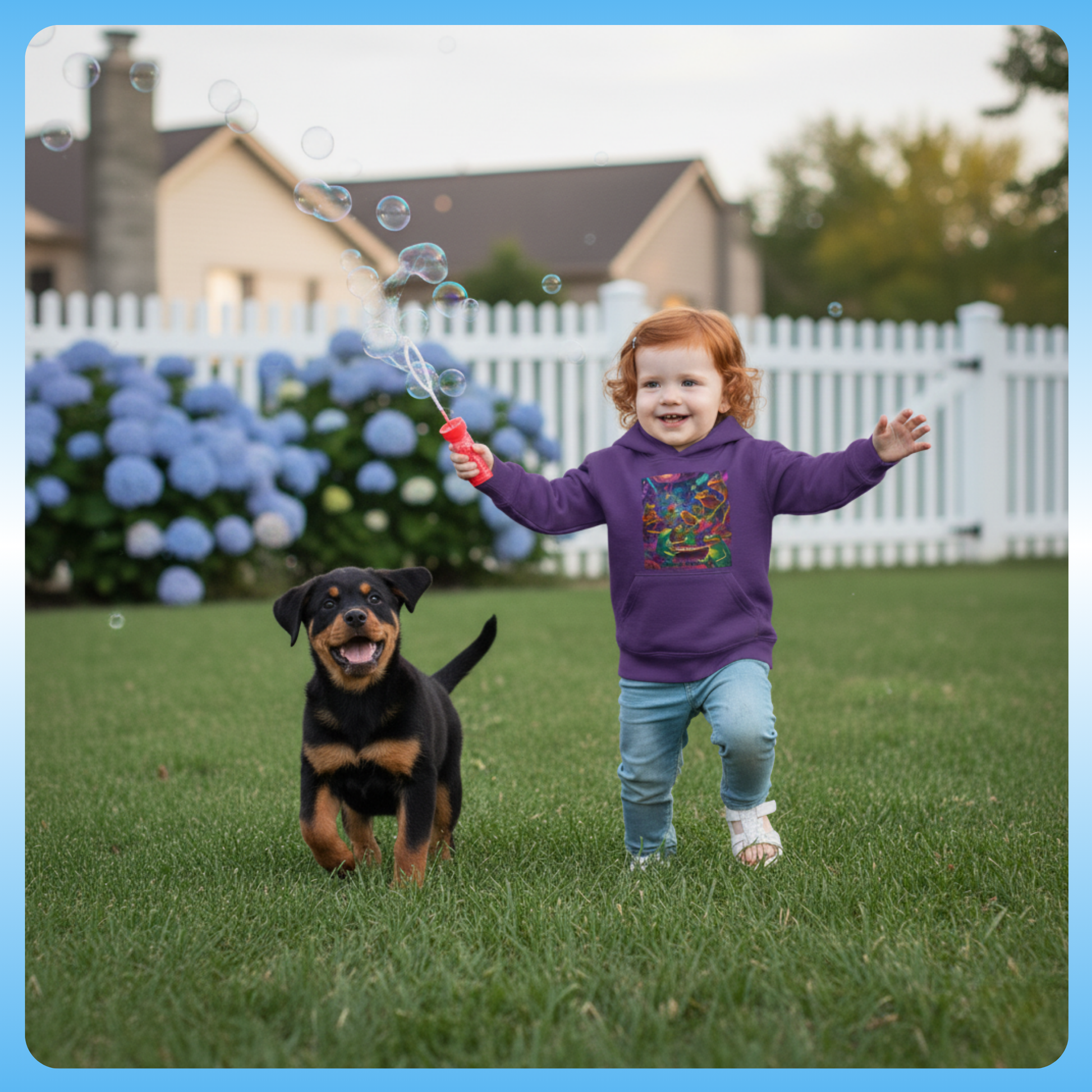 Galactic Mindbender | Paddle Frogs Kids Toddler Hoodie in Vintage Purple with  girl blowing bubbles | Child in a purple hoodie running with a puppy rottweiler in a grassy yard.