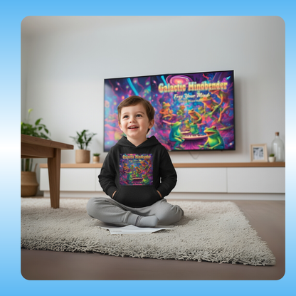 Galactic Mindbender | Paddle Frogs Kids Toddler Hoodie in Vintage Smoke black | Child wearing a black hoodie with colorful design sitting on a rug in a room with a TV displaying a vibrant graphic.