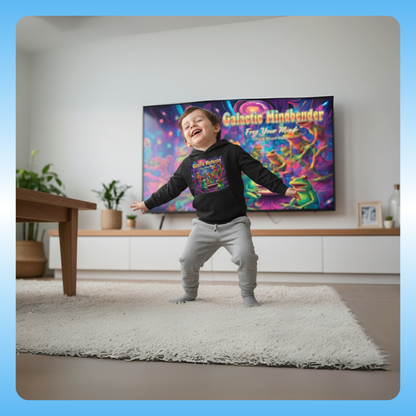 Galactic Mindbender | Paddle Frogs Kids Toddler Hoodie in Vintage Smoke black kid dancing | Child in a colorful room with a TV displaying a vibrant graphic