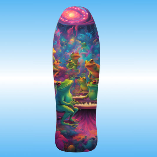 Galactic Mindbender classic old school retro 1990's style skateboard deck | Jamming tunes as the music flows though this Paddle Frogs skate shop board | Colorful skateboard deck with frog design on a blue gradient background