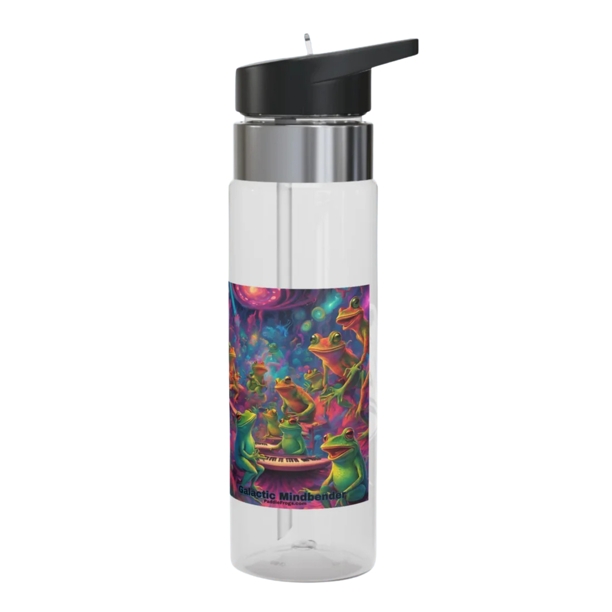 Galactic Mindbender Colorful clear water bottle with frog design on a white background