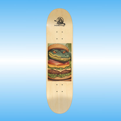 Gator Burger | popsicle stick skateboard deck by Paddle Frogs Skate shop | Skateboard deck with a graphic of a alligator eating a hamburger on a blue gradient background