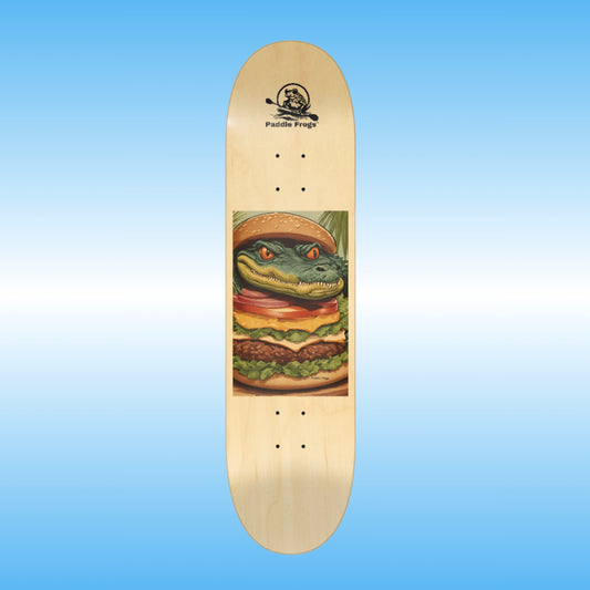 Gator Burger | popsicle stick skateboard deck by Paddle Frogs Skate shop | Skateboard deck with a graphic of a alligator eating a hamburger on a blue gradient background