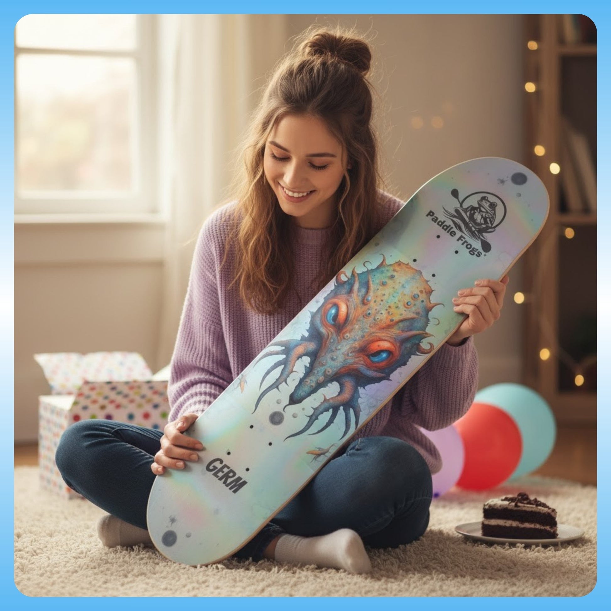 Germ | 8.25 skateboard | Paddle Frogs™ lady sitting crisscross applesauce on her birthday