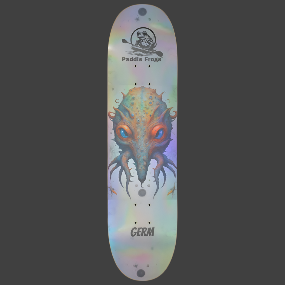 Germ popsicle shaped skateboard deck with high shine and a story for your adventures at the skate park