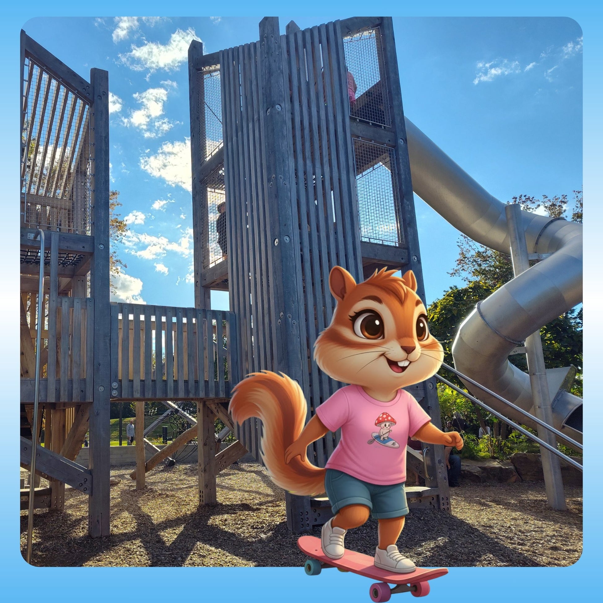 Girl Chipmunk wearing the - Shiro & the Divine Escape T-shirt (4 colors) Paddle Frogs™ Kids Mushroom Forest adventures in West Knoxville, Tennessee