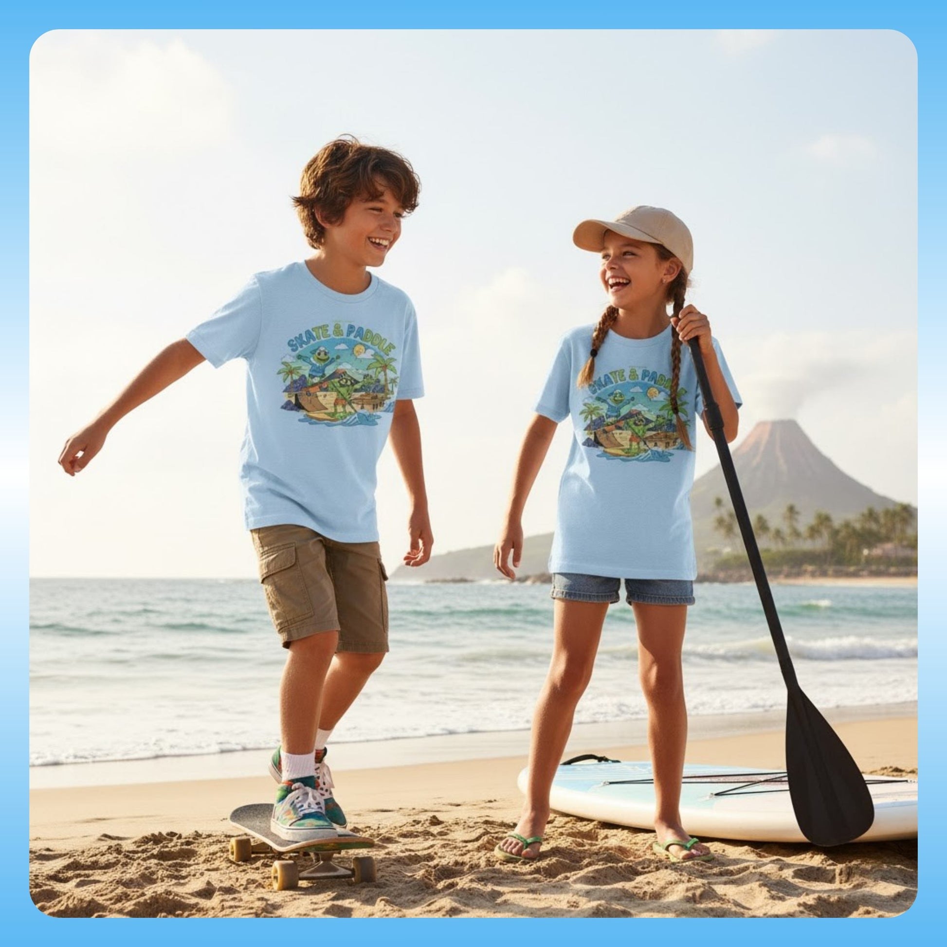 Girl and boy wearing Skate & Paddle | Volcano | Paddle Frogs™ Kids