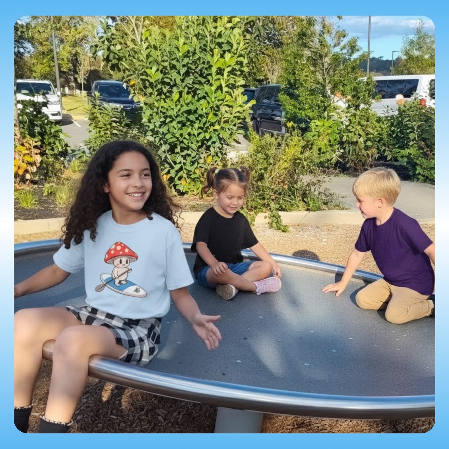 Girl wearing the light blue - Shiro & the Divine Escape T-shirt (4 colors) Paddle Frogs™ Kids Mushroom Forest adventures in West Knoxville, Tennessee