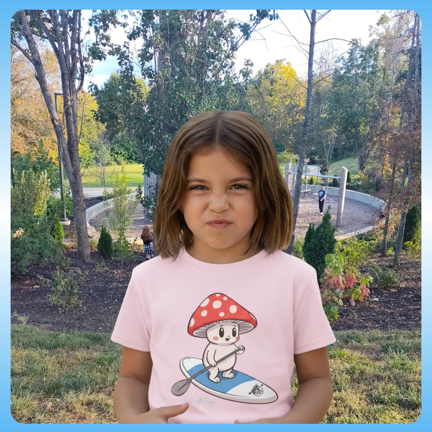 Girl wearing the light pink - Shiro & the Divine Escape T-shirt (4 colors) Paddle Frogs™ Kids Mushroom Forest adventures in West Knoxville, Tennessee