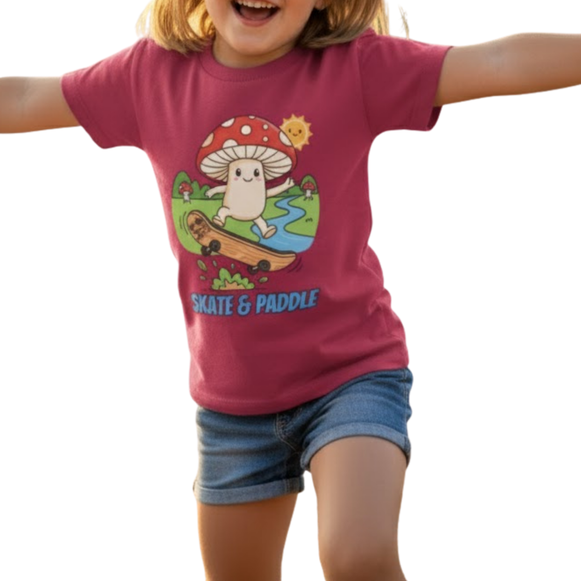 Gnarly Fungi Fun: The Skate-Shroom Adventure Tee! Berry color on a transparent background