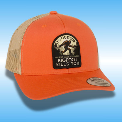 Go Outside Bigfoot Kills You Trucker Hat - Orange & Khaki cap.