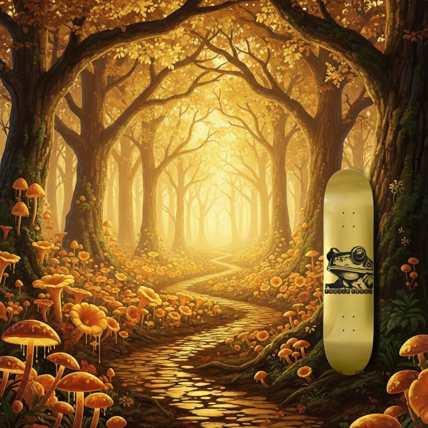 Gold 8.0 skateboard deck in Magic Mushroom Forest by Paddle Frogs pro skate shop