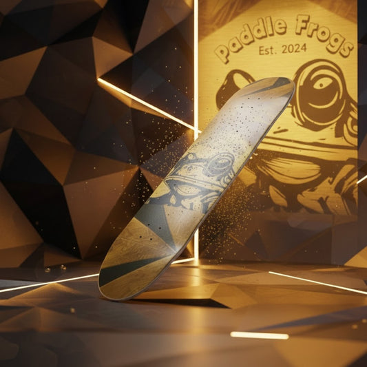 Gold Skateboard with 'Paddle Frogs' branding in a geometrically lit setting