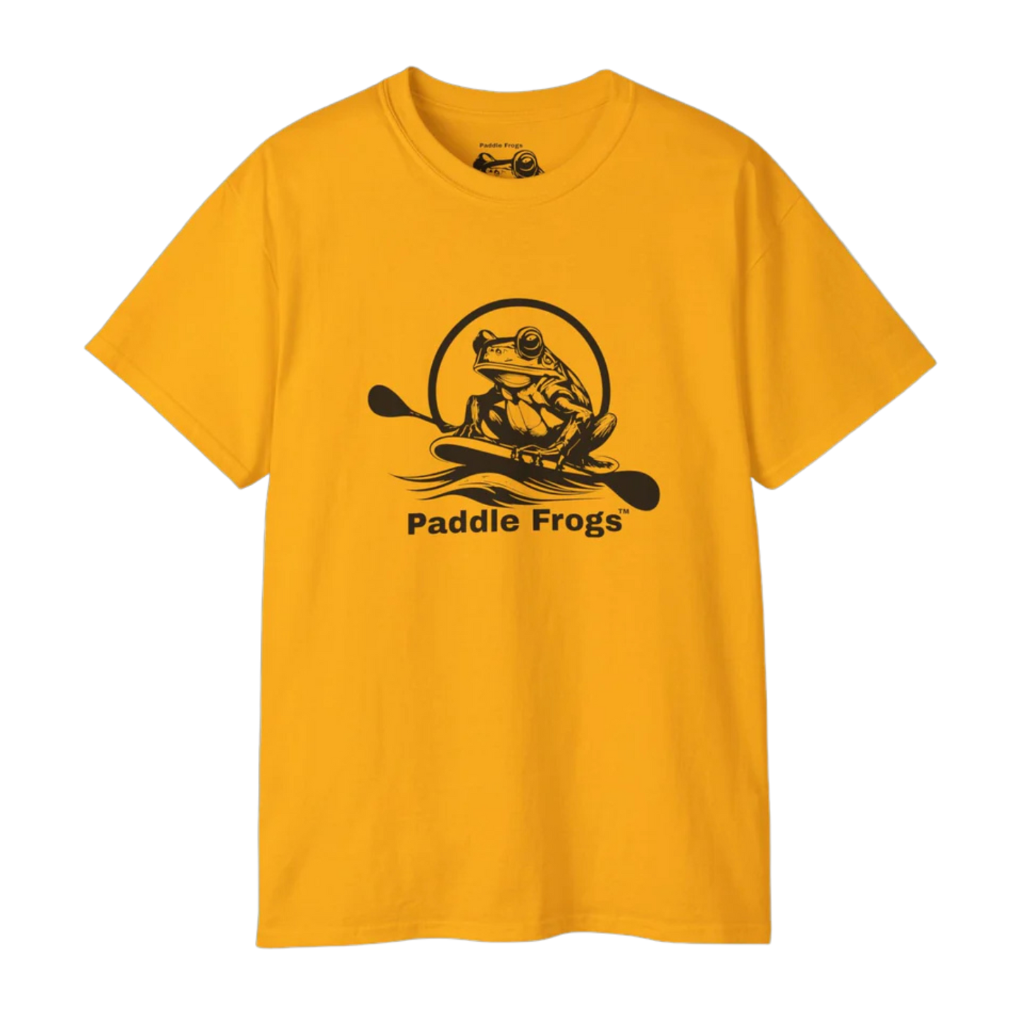 Gold Yellow t-shirt with 'Paddle Frogs' graphic design on a white background