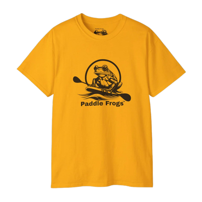 Gold Yellow t-shirt with 'Paddle Frogs' graphic design on a white background