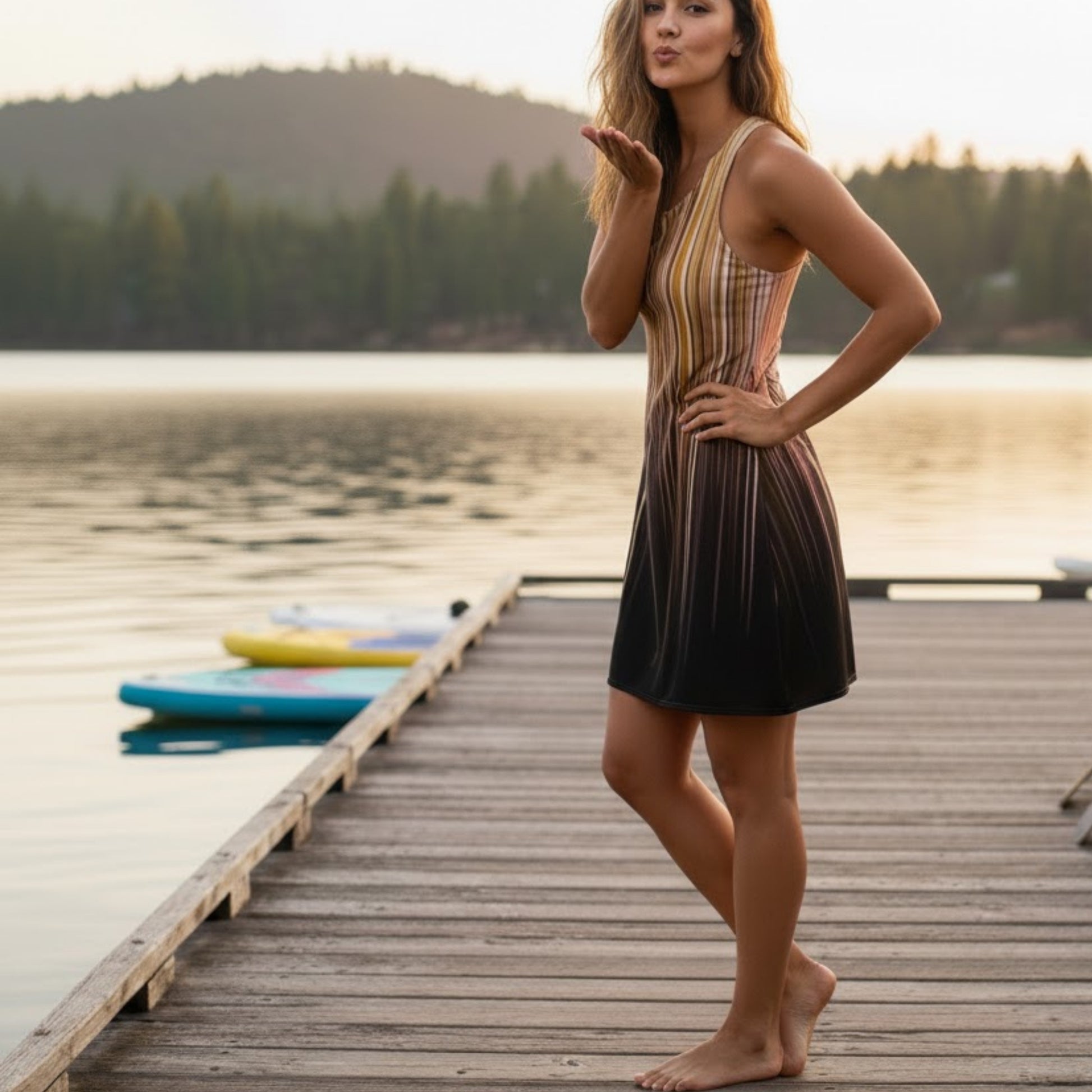 Golden Glow Drip Racerback Dress -  Paddle Frogs™ crew model blowing a kiss