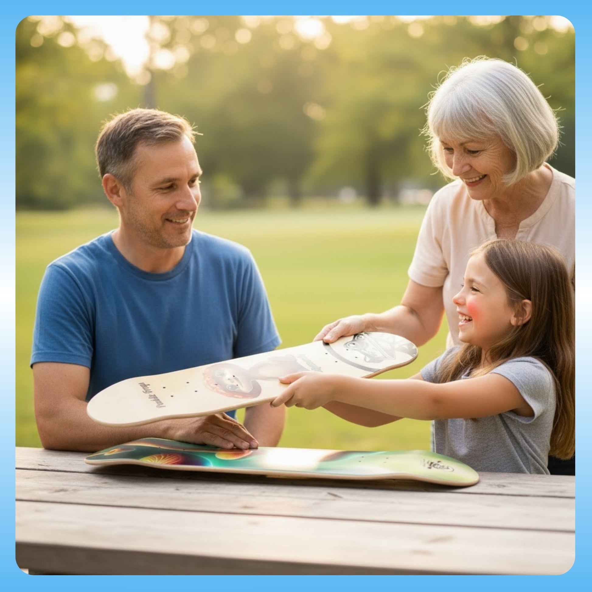 Grandmother gifts Chipmunk 7.5" skate deck to the child and Grandfather keeps the Chlorophyll Cruiser | 8.25 Skateboard Deck by Paddle Frogs™  