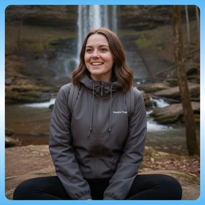 Graphite Windbreaker Hooded Jacket Paddle Frogs™ crisscross applesauce at the waterfall