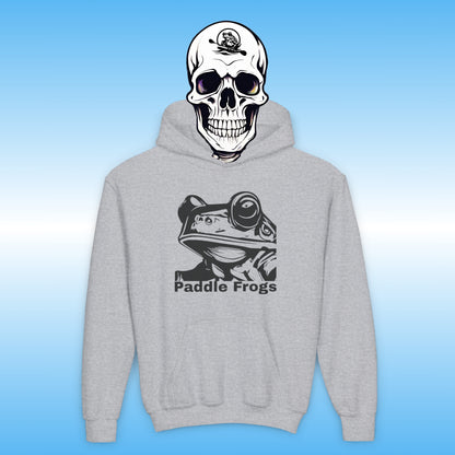 Gray hoodie with 'Paddle Frogs' logo on a blue background with Balance Bennie's Skull Head wearing the hooded jacket