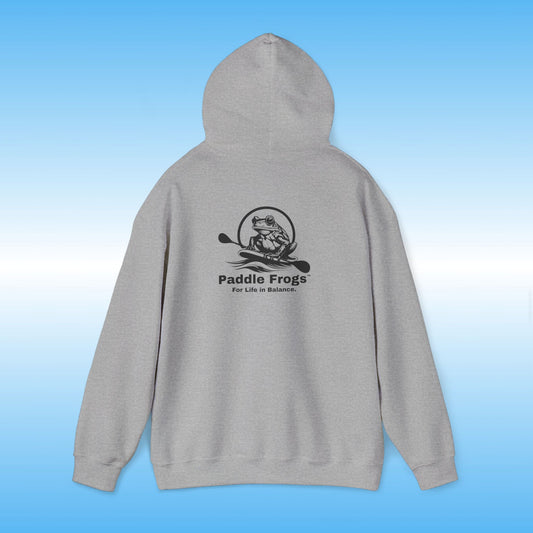 Gray hoodie with 'Paddle Frogs' logo on a blue gradient background Heather Gray Original frog on a paddle board with a double bladed paddle For Life in Balance.