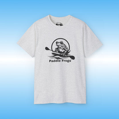 Gray t-shirt with 'Paddle Frogs' logo on a blue background