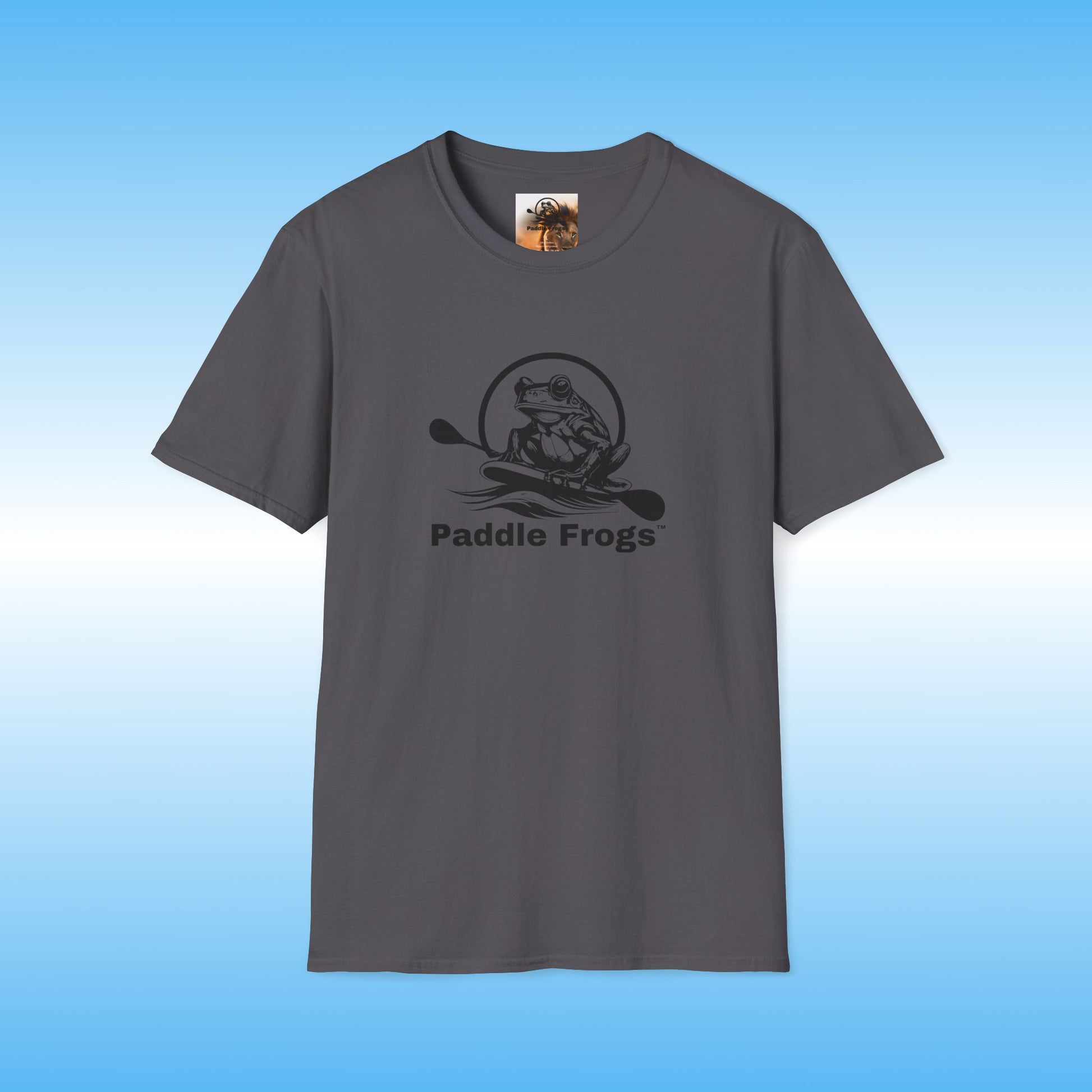 Gray t-shirt with 'Paddle Frogs' logo on a blue background